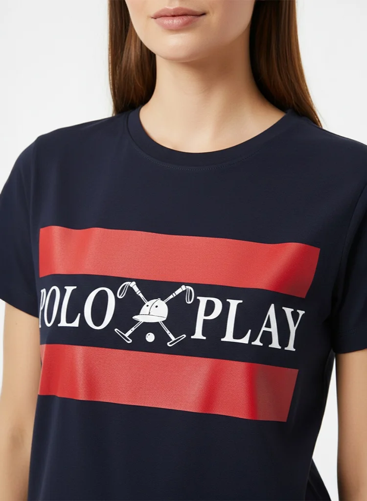 لعب البولو تيشيرت نسائي برسومات أزرق ملكي